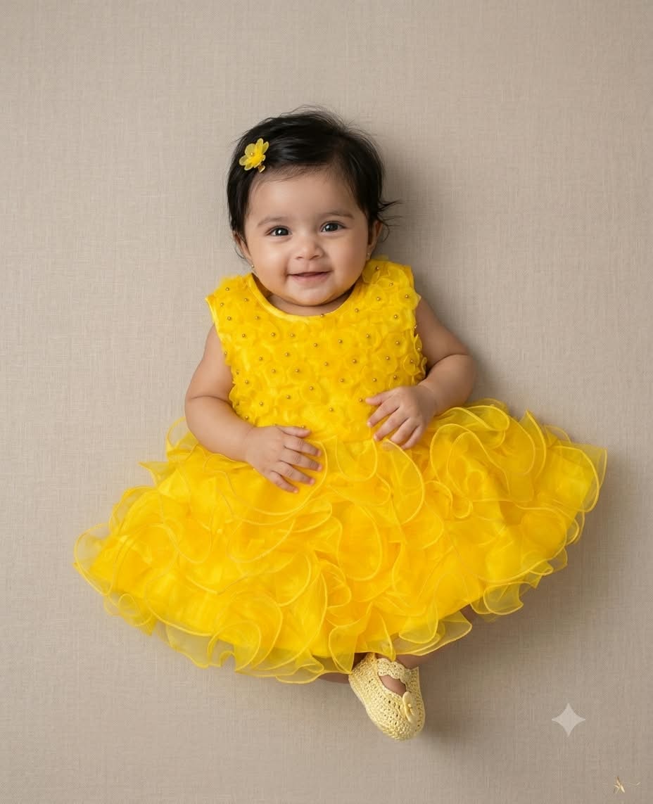 Sunshine Yellow Party Frock with Ruffle Skirt for Girls