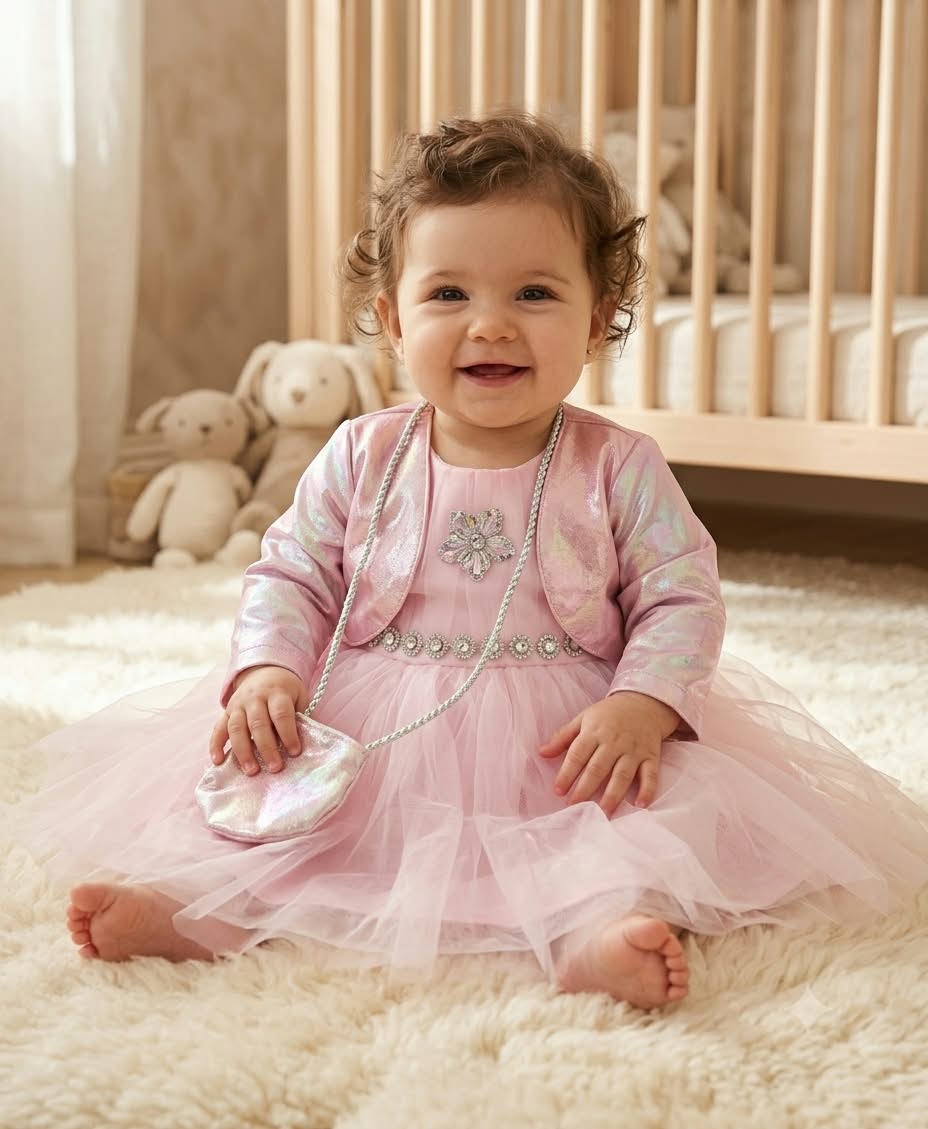 Pink Tulle Party Dress with Matching Shrug and Bag Set