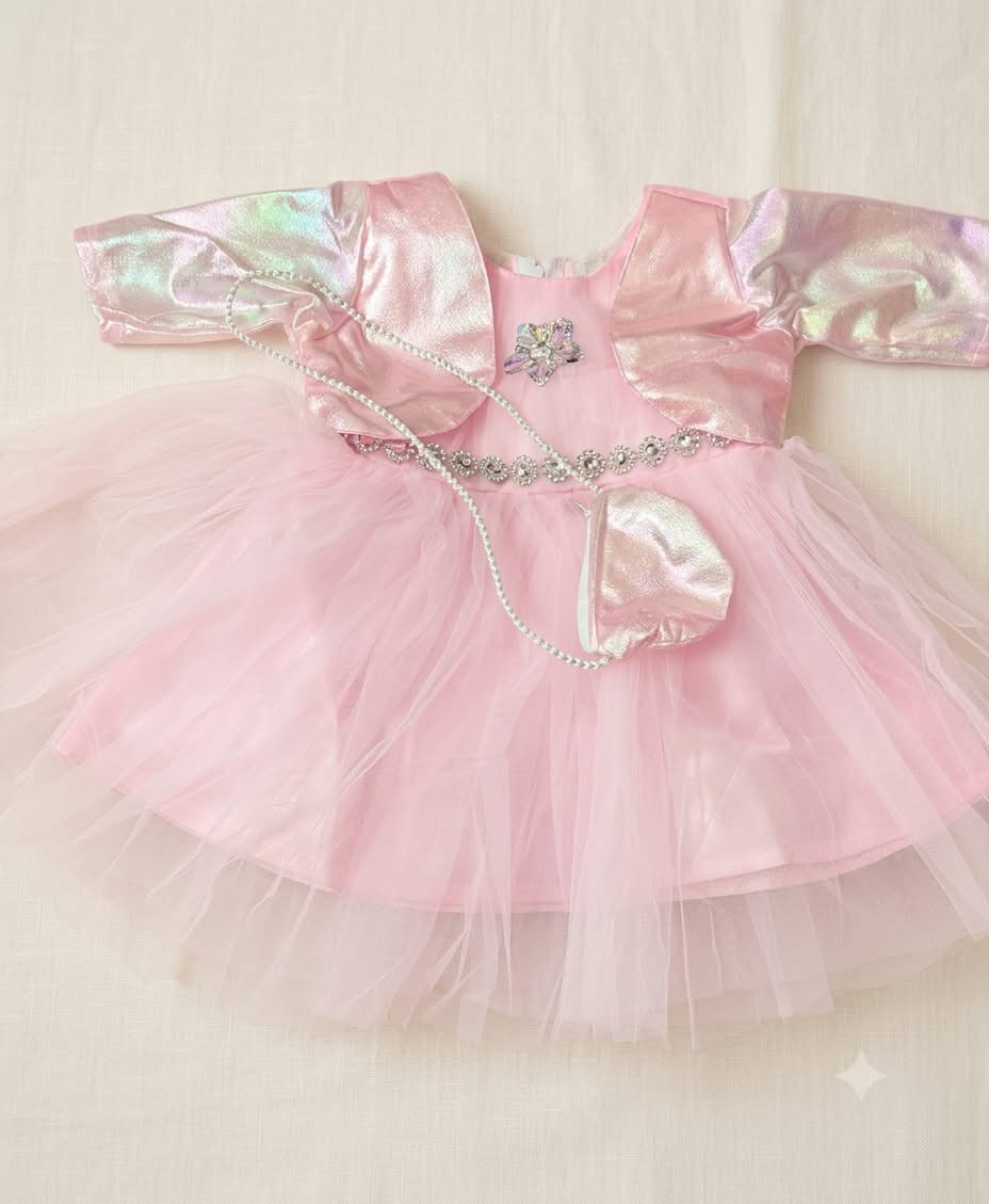 Pink Tulle Party Dress with Matching Shrug and Bag Set