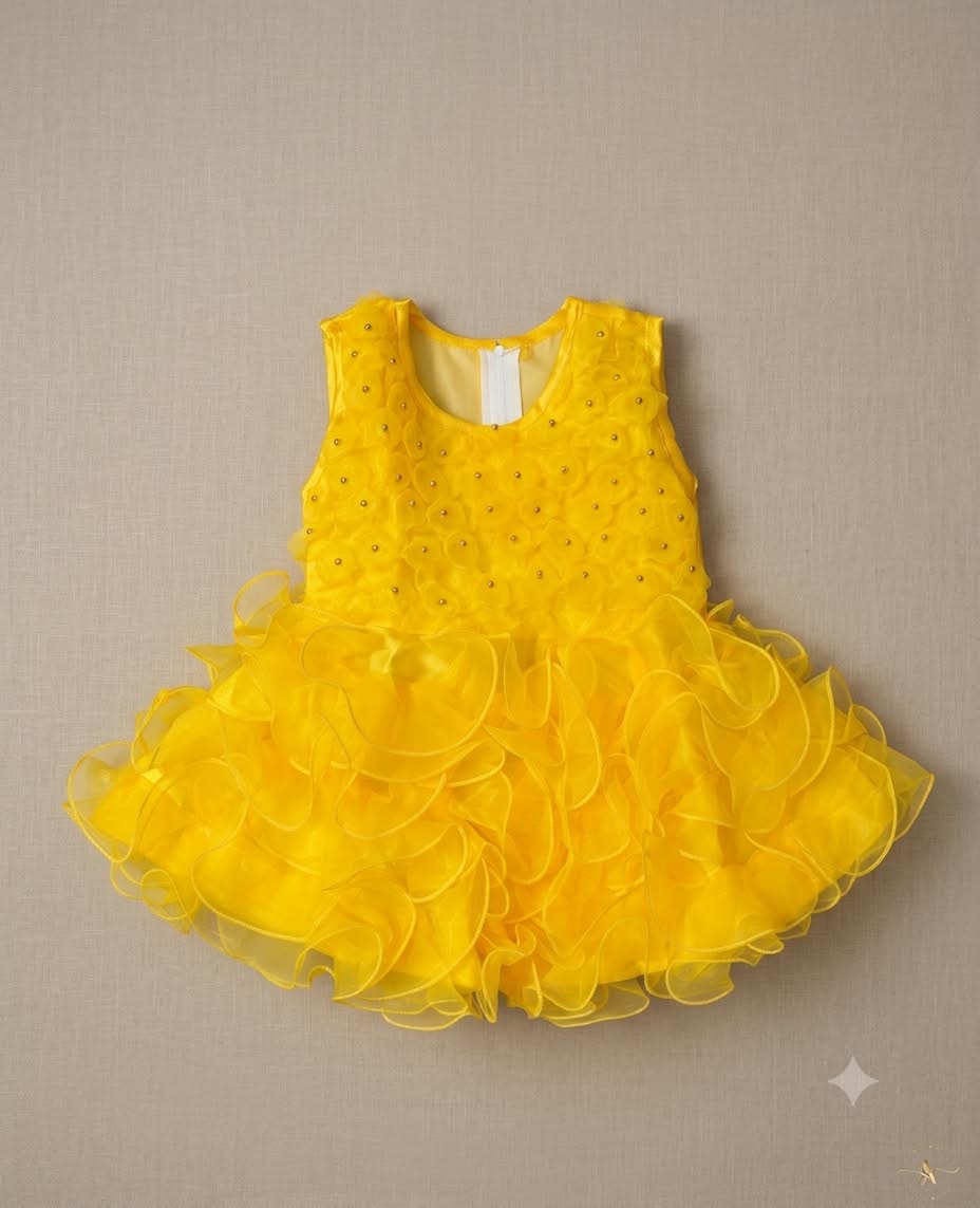 Sunshine Yellow Party Frock with Ruffle Skirt for Girls
