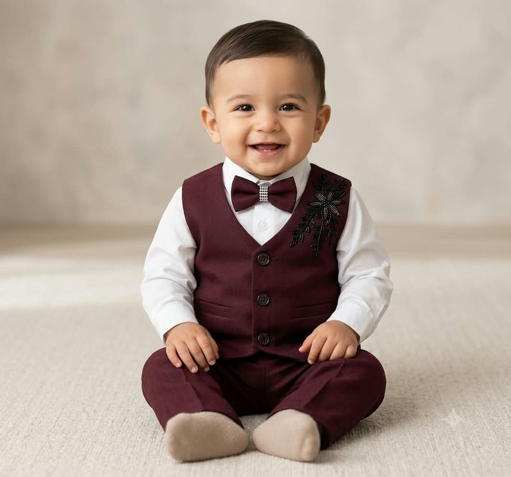 Boys Formal Maroon Vest, Shirt, Pants, and Bow Tie Set