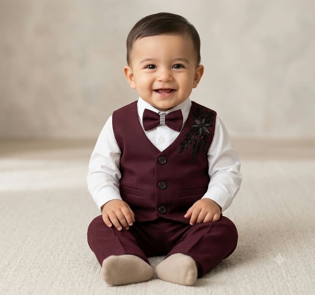 Boys Formal Maroon Vest, Shirt, Pants, and Bow Tie Set