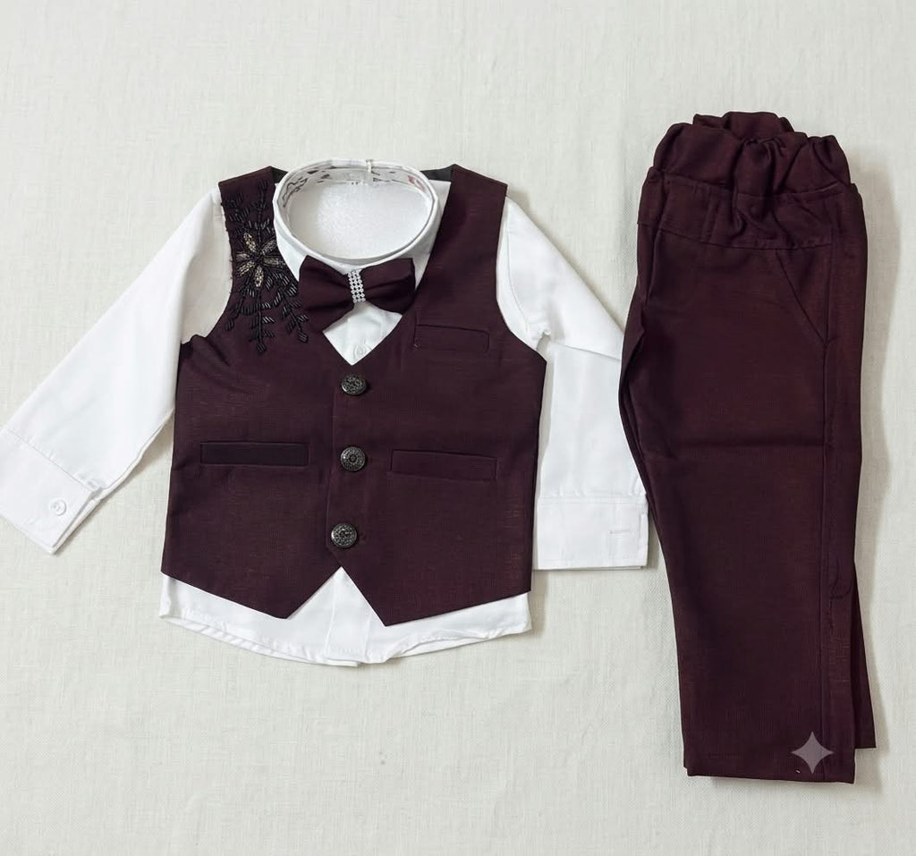 Boys Formal Maroon Vest, Shirt, Pants, and Bow Tie Set
