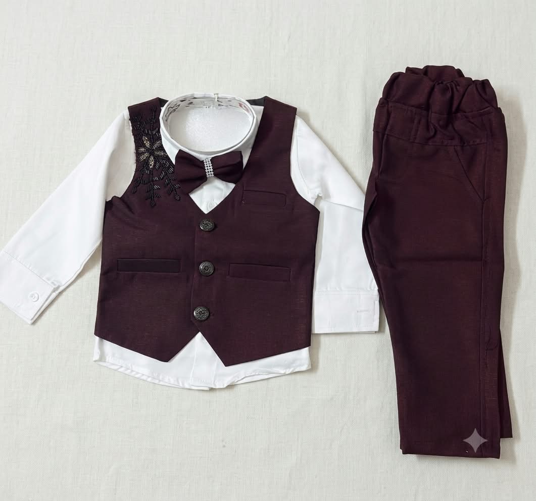 Boys Formal Maroon Vest, Shirt, Pants, and Bow Tie Set