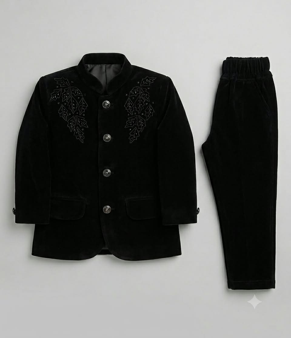 Royal Black Velvet Bandhgala Suit Set for Boys