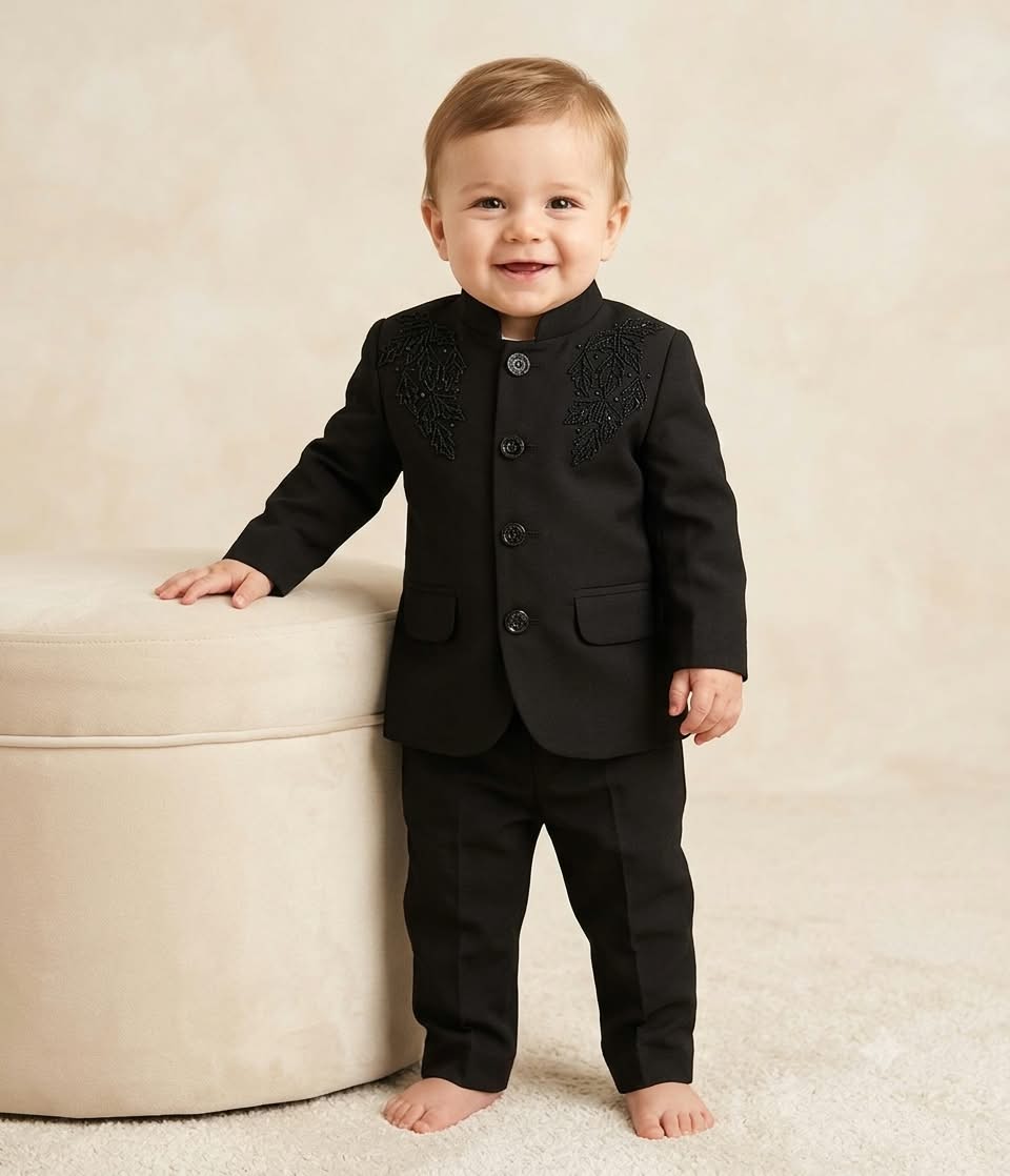 Royal Black Velvet Bandhgala Suit Set for Boys