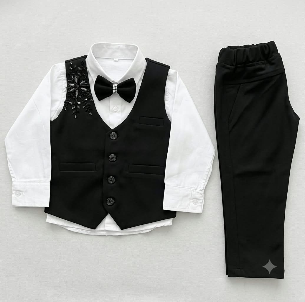 Black & White Formal Waistcoat Set for baby Boys with Bow Tie