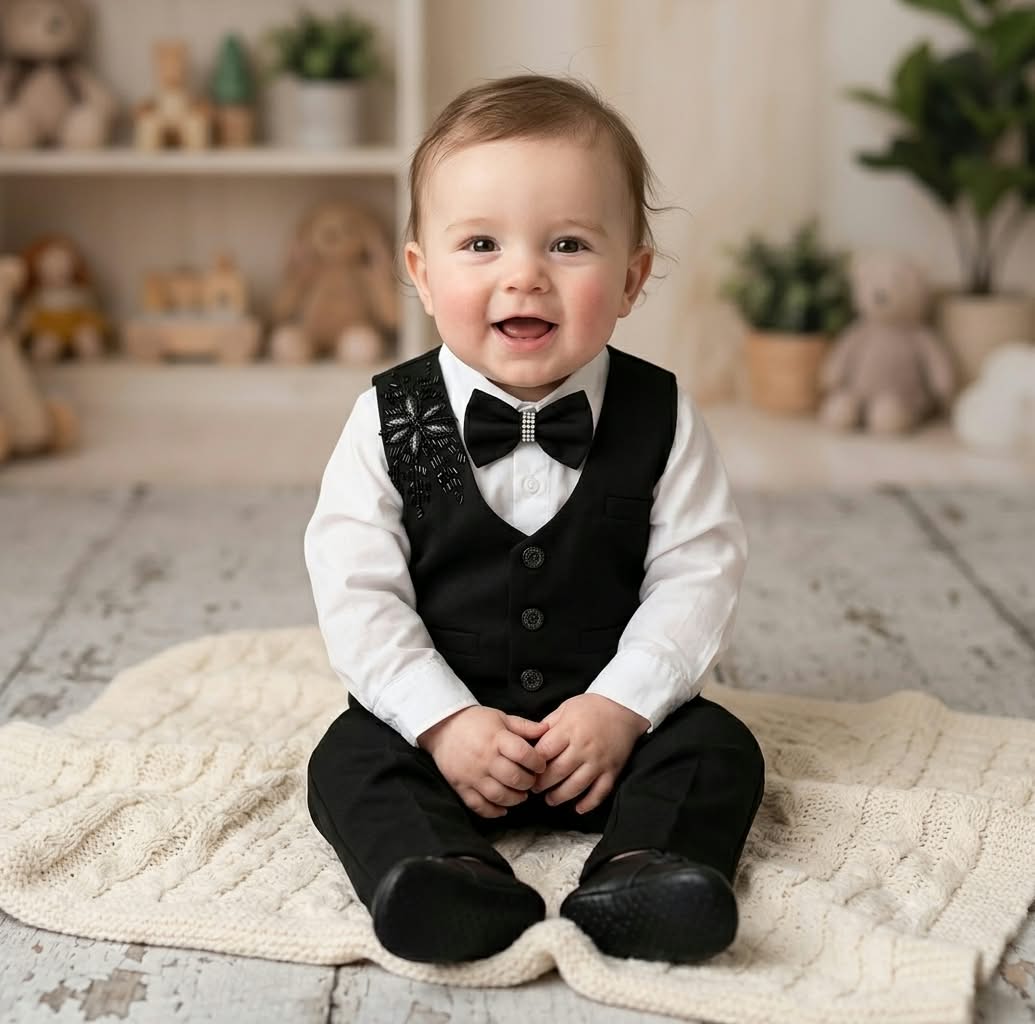Black & White Formal Waistcoat Set for baby Boys with Bow Tie