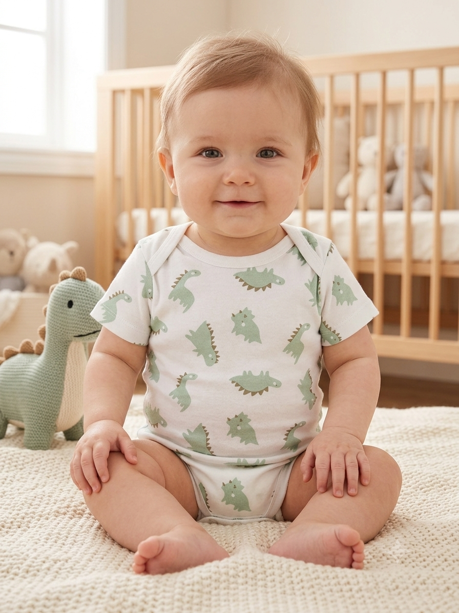 Dino-Mite Sage Green Dinosaur Short-Sleeve Baby Bodysuit