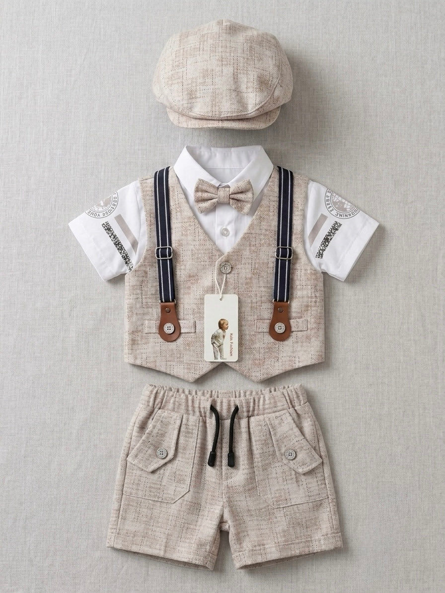 Little Gentleman 4-Piece Partywear Set – Shirt, Waistcoat, Shorts & Cap