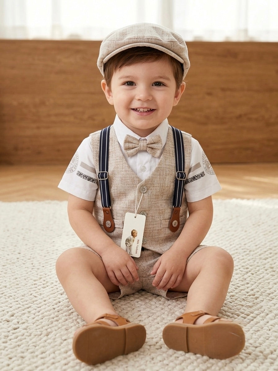 Little Gentleman 4-Piece Partywear Set – Shirt, Waistcoat, Shorts & Cap
