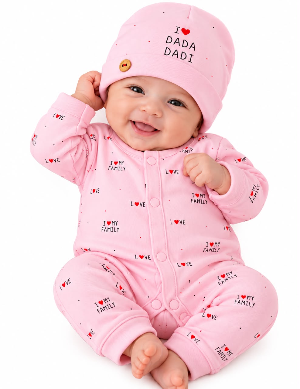 Baby Pink “I Love My Family” Romper with Dada Dadi Cap | 0–12 Months