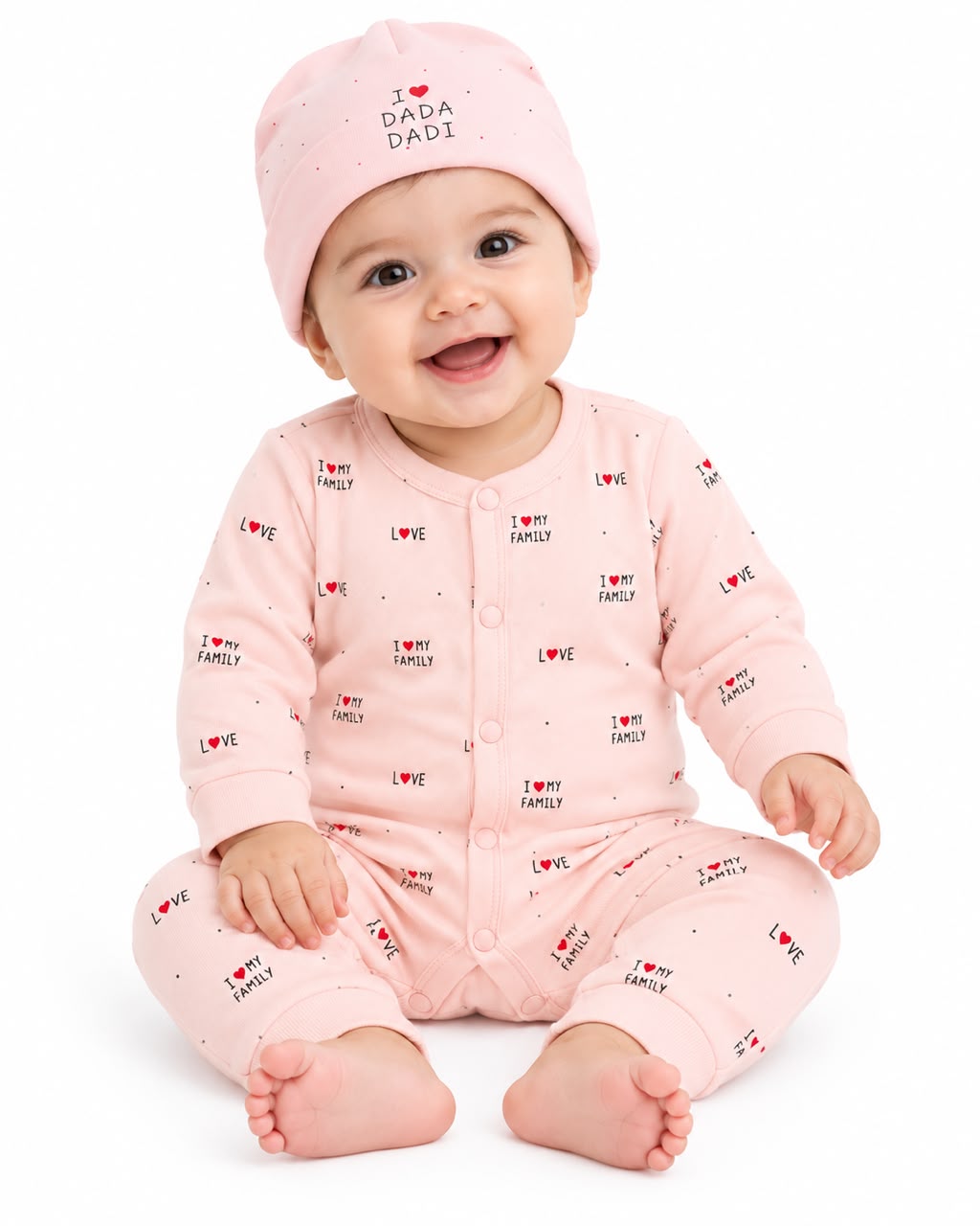 Baby Peach “I Love My Family” Romper with Dada Dadi Cap | 0–12 Months